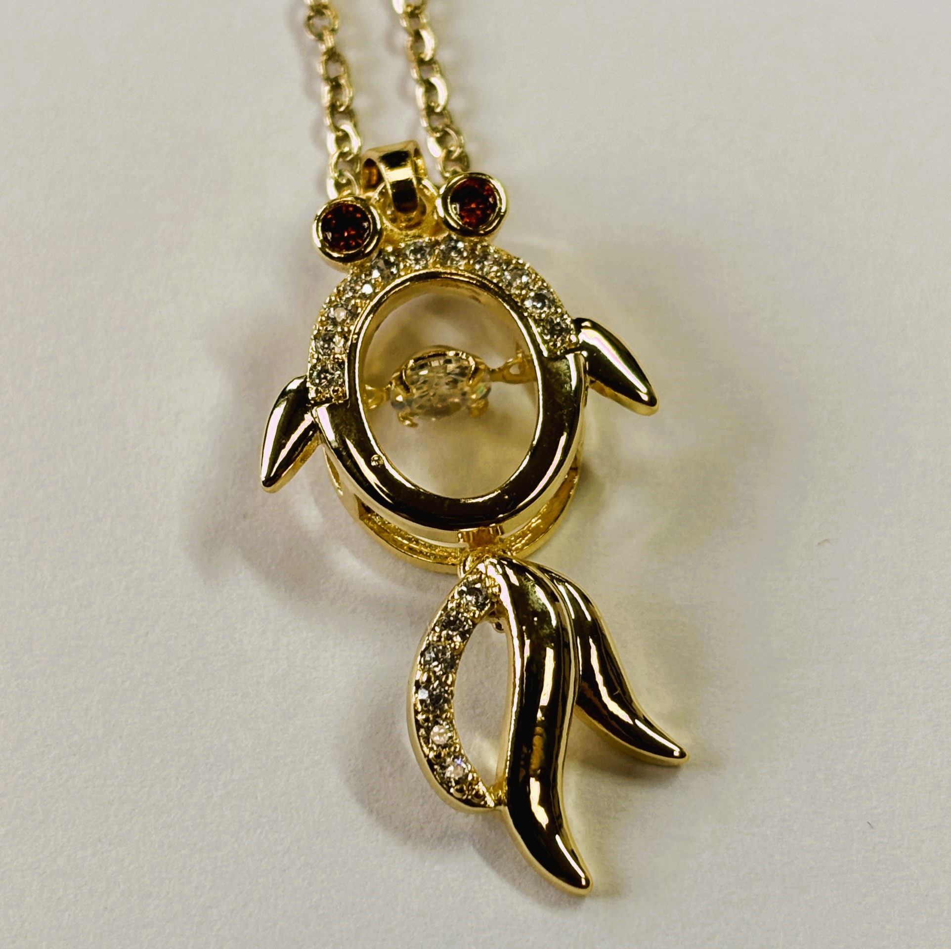 Gold Zircon Ruby Eyes Fish with Round Cut Floater Pendant Necklace