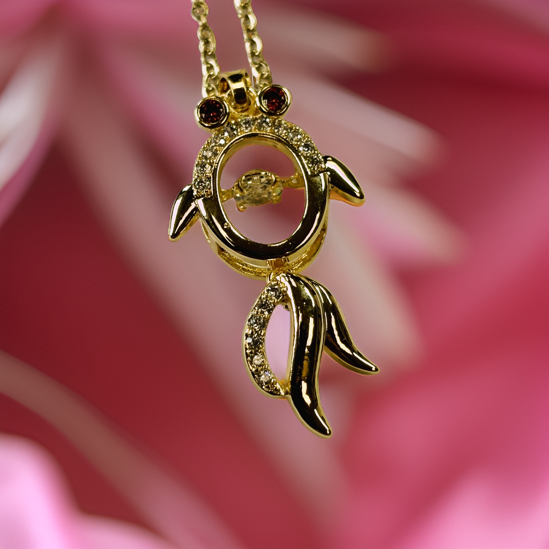 Gold Zircon Ruby Eyes Fish with Round Cut Floater Pendant Necklace