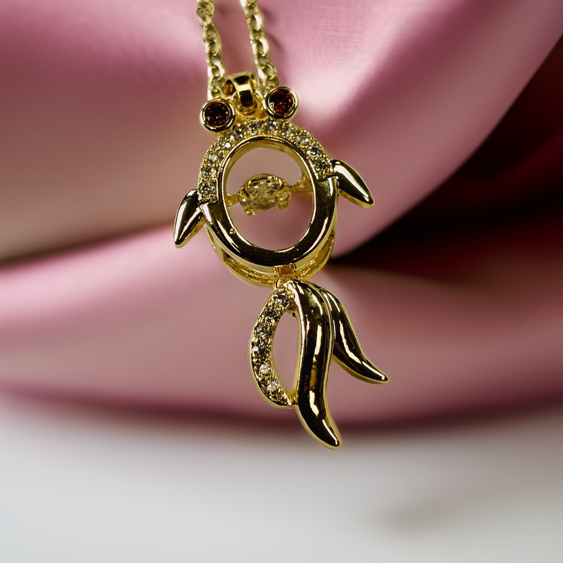 Gold Zircon Ruby Eyes Fish with Round Cut Floater Pendant Necklace