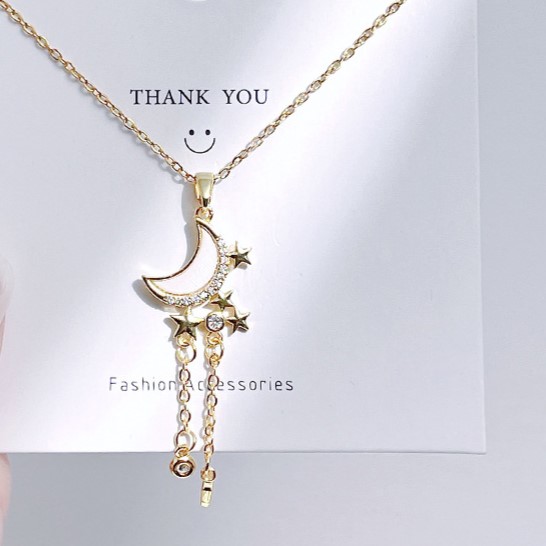 Gold Zircon Stars and Moon Iridescent Pendant Necklace