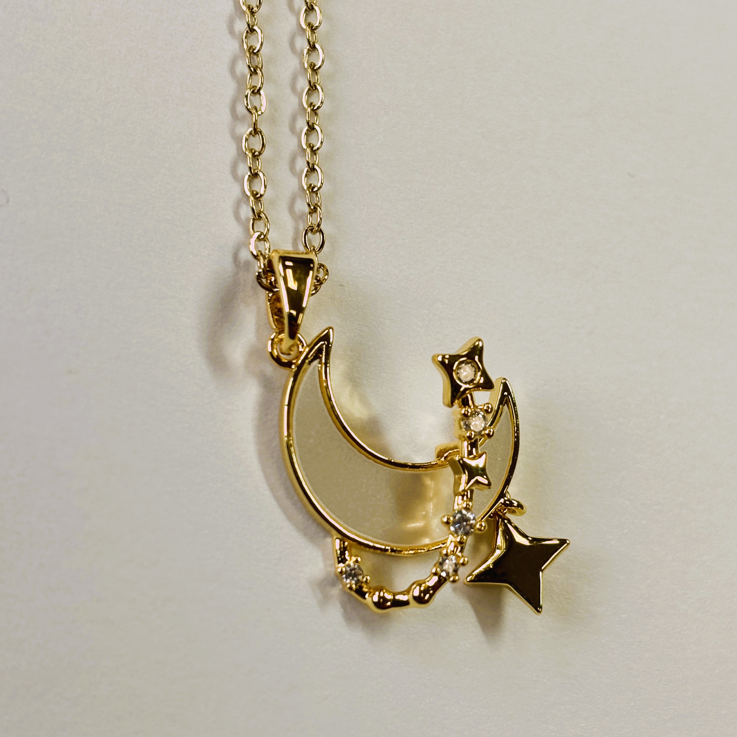 Gold Zircon Stars and Moon Iridescent Pendant Necklace