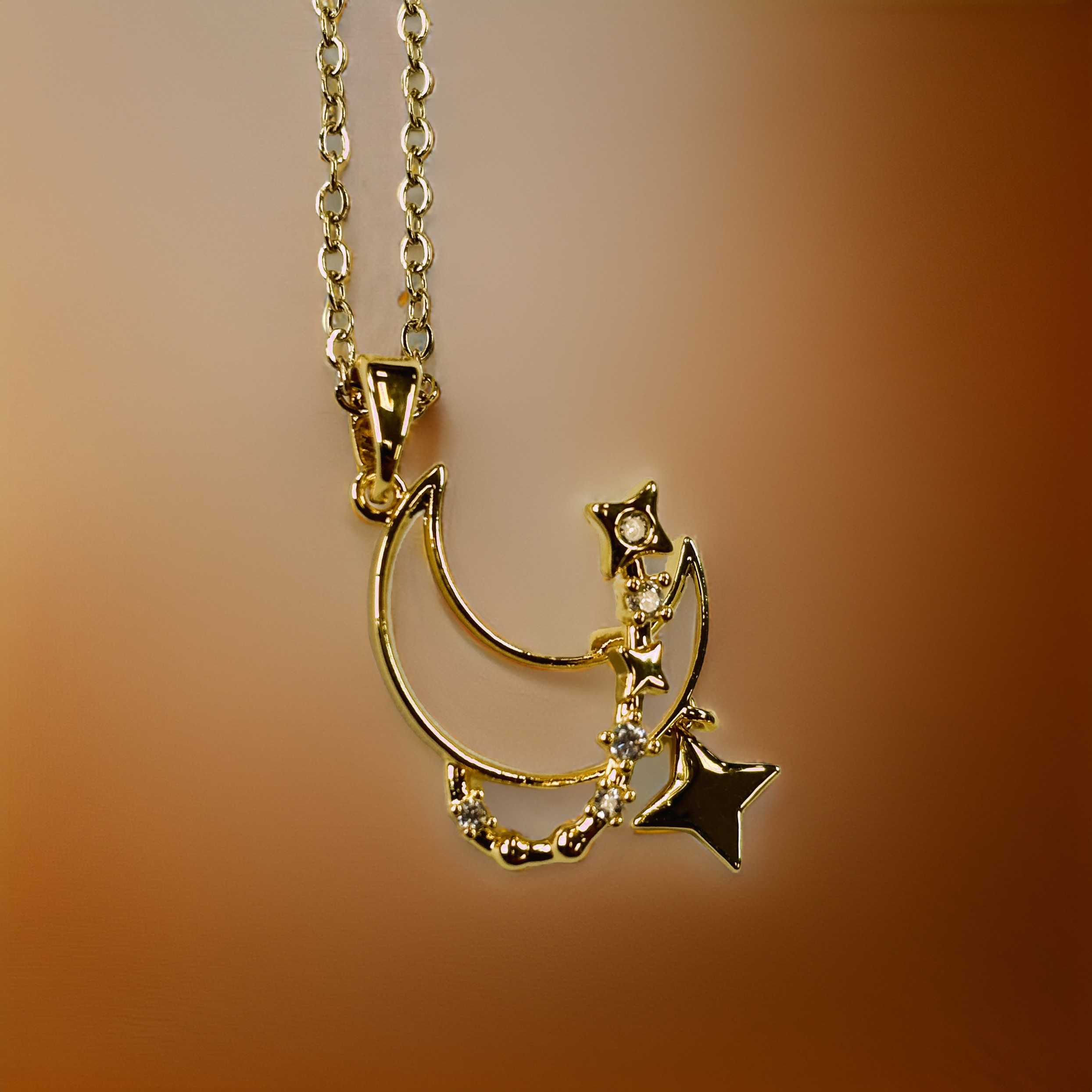 Gold Zircon Stars and Moon Iridescent Pendant Necklace