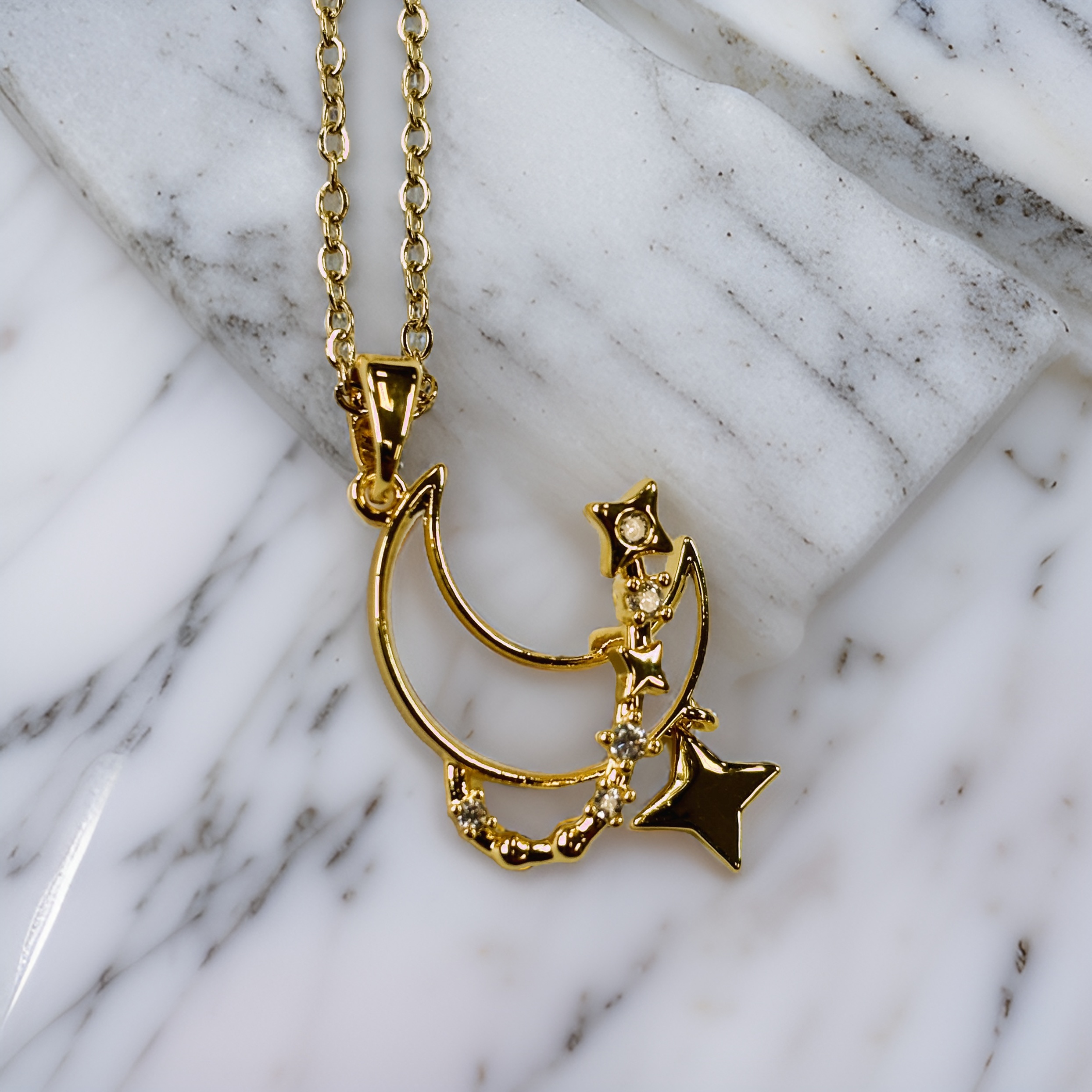 Gold Zircon Stars and Moon Iridescent Pendant Necklace