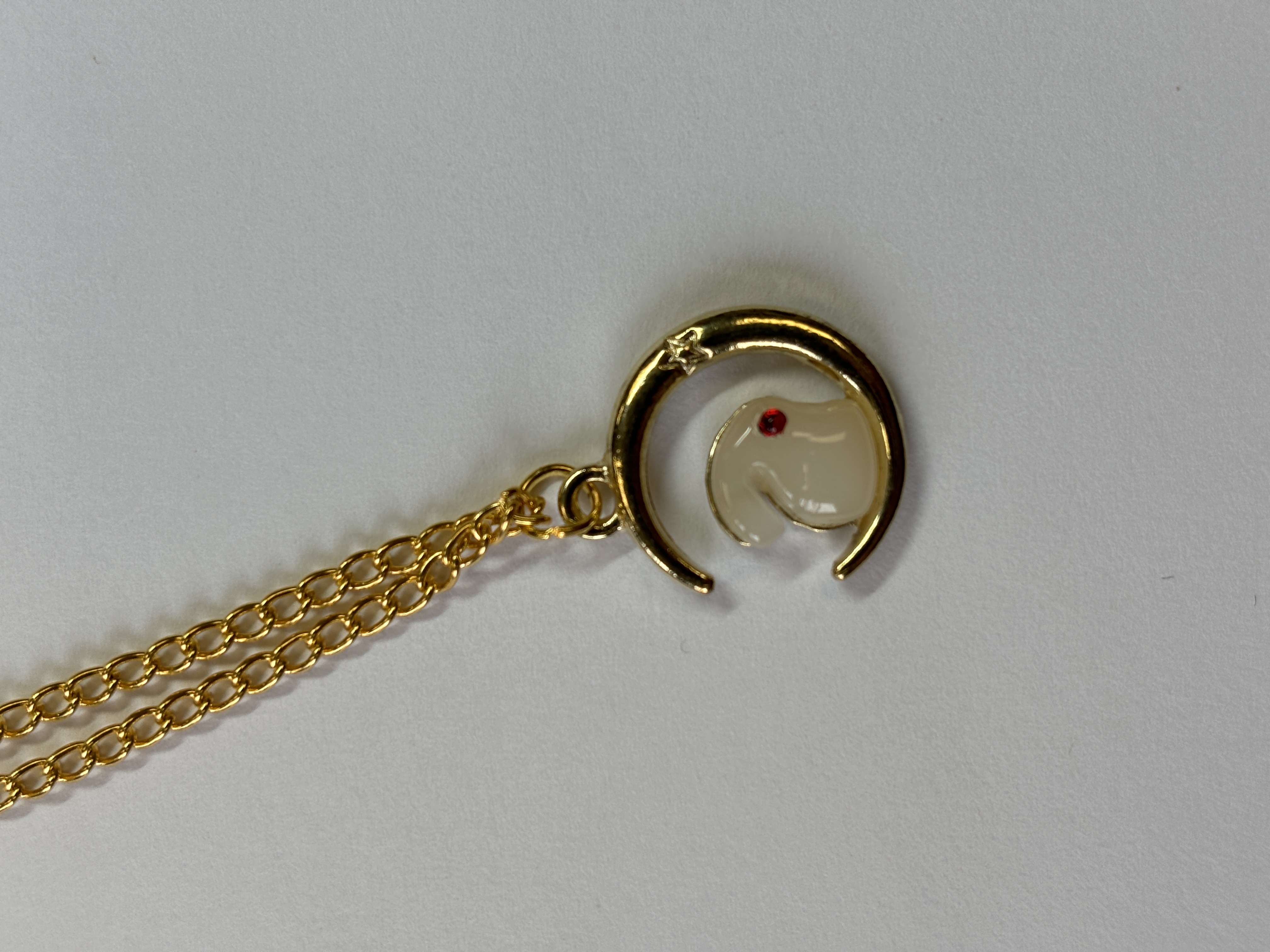 Gold White Jade Red Eye Rabbit on the Moon Pendant Necklace