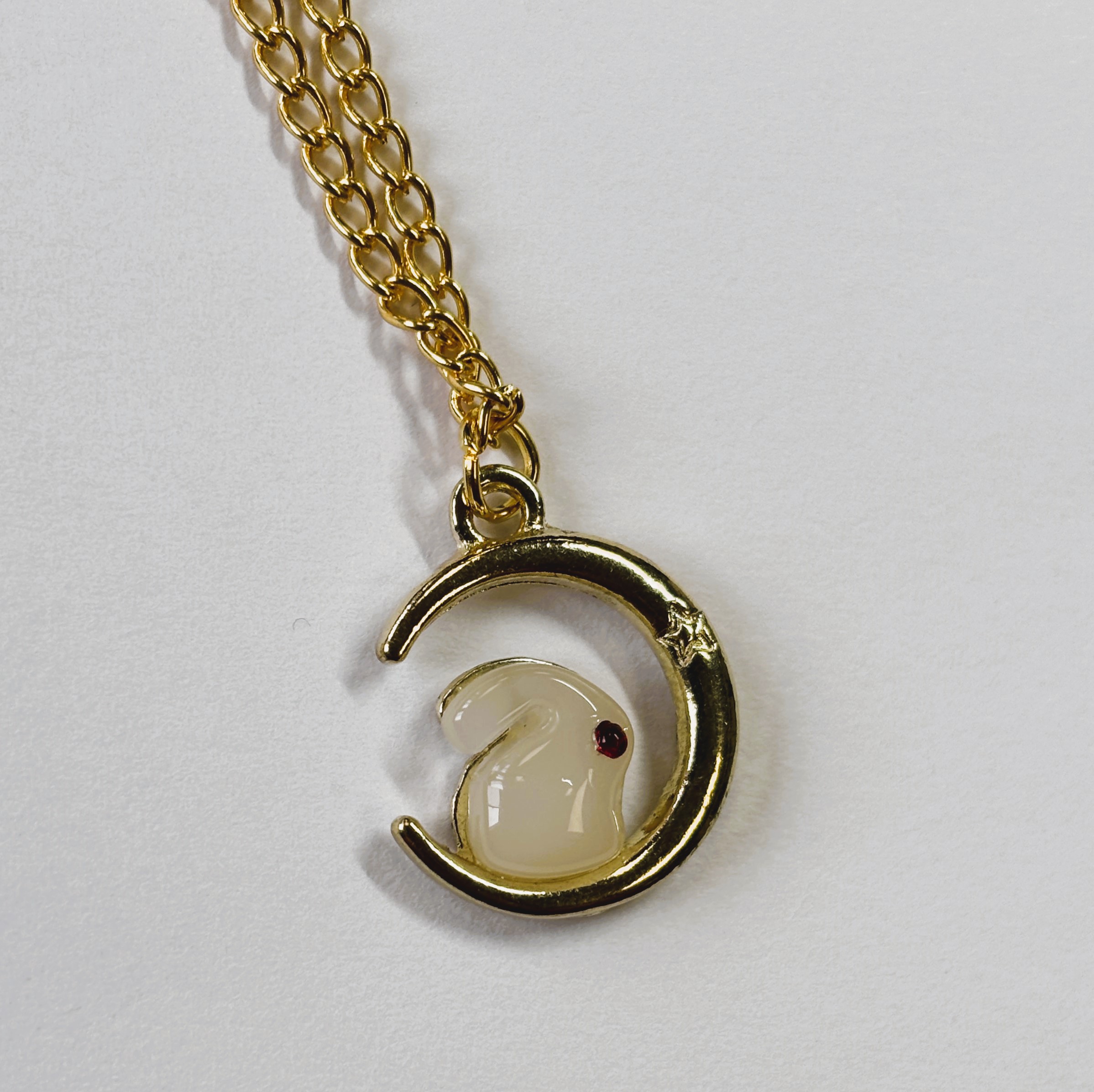 Gold White Jade Red Eye Rabbit on the Moon Pendant Necklace