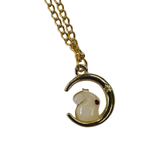 Gold White Jade Red Eye Rabbit on the Moon Pendant Necklace