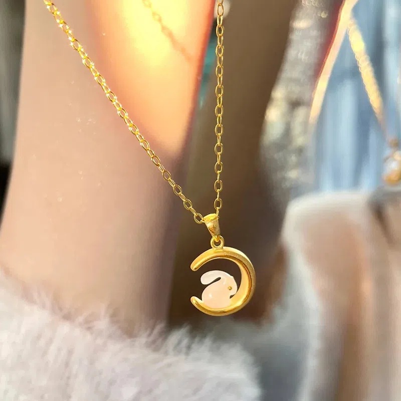 Gold White Jade Gold Eye Rabbit on the Moon Pendant Necklace