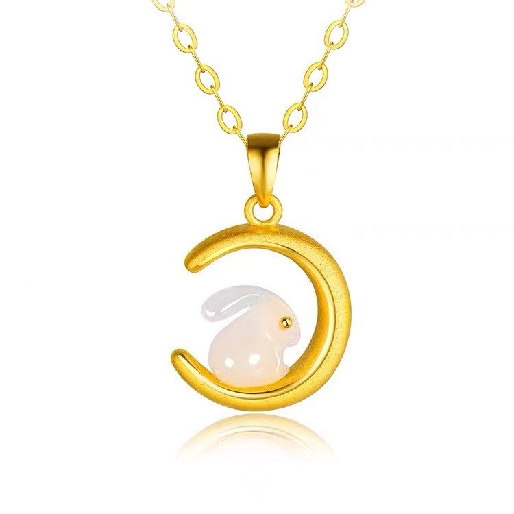Gold White Jade Gold Eye Rabbit on the Moon Pendant Necklace