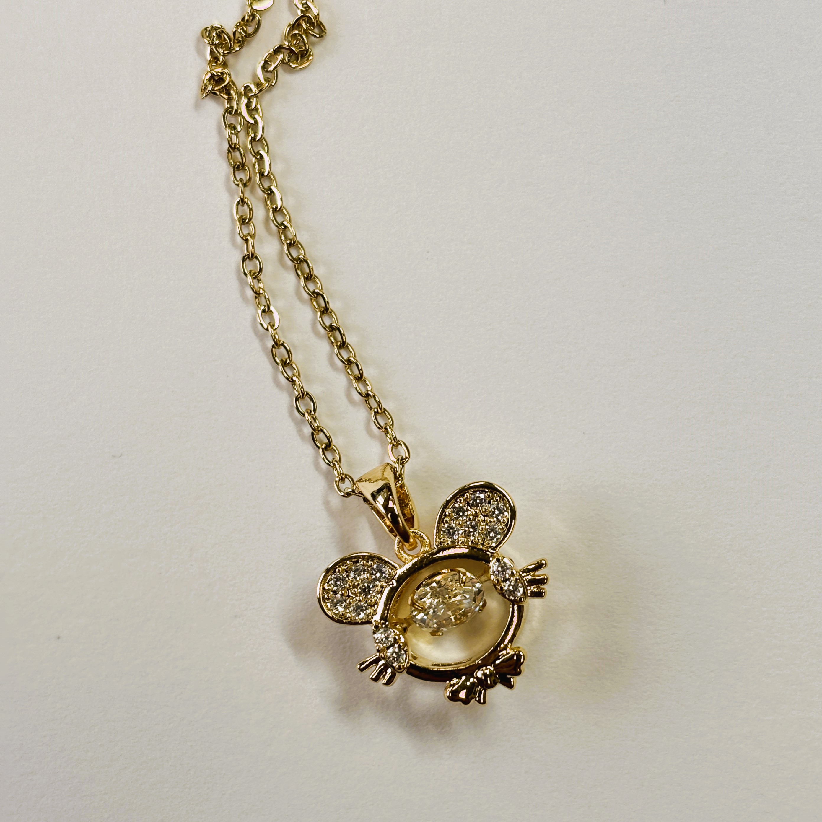Gold Zircon Mouse Face with Round Cut Floater Pendant Necklace