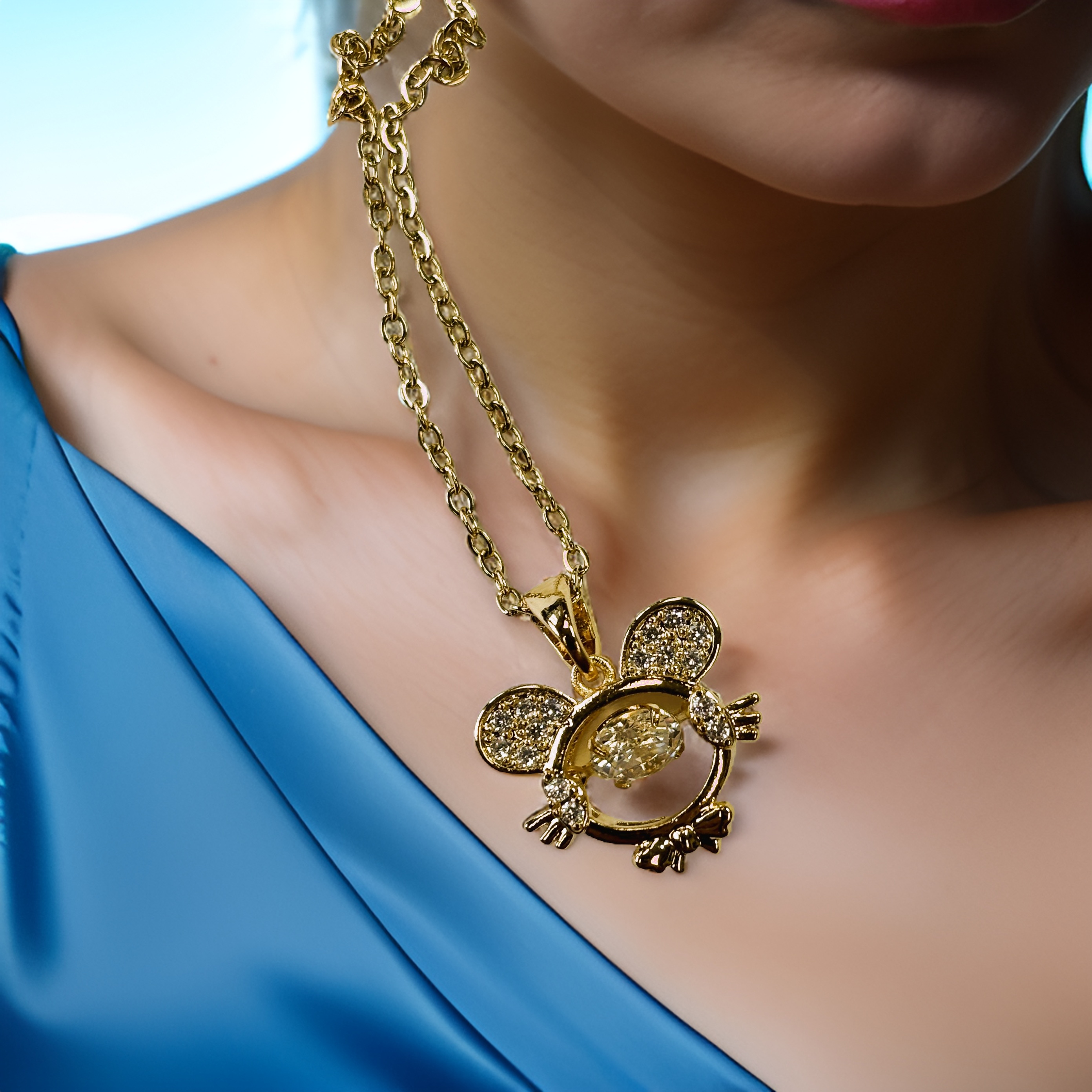 Gold Zircon Mouse Face with Round Cut Floater Pendant Necklace