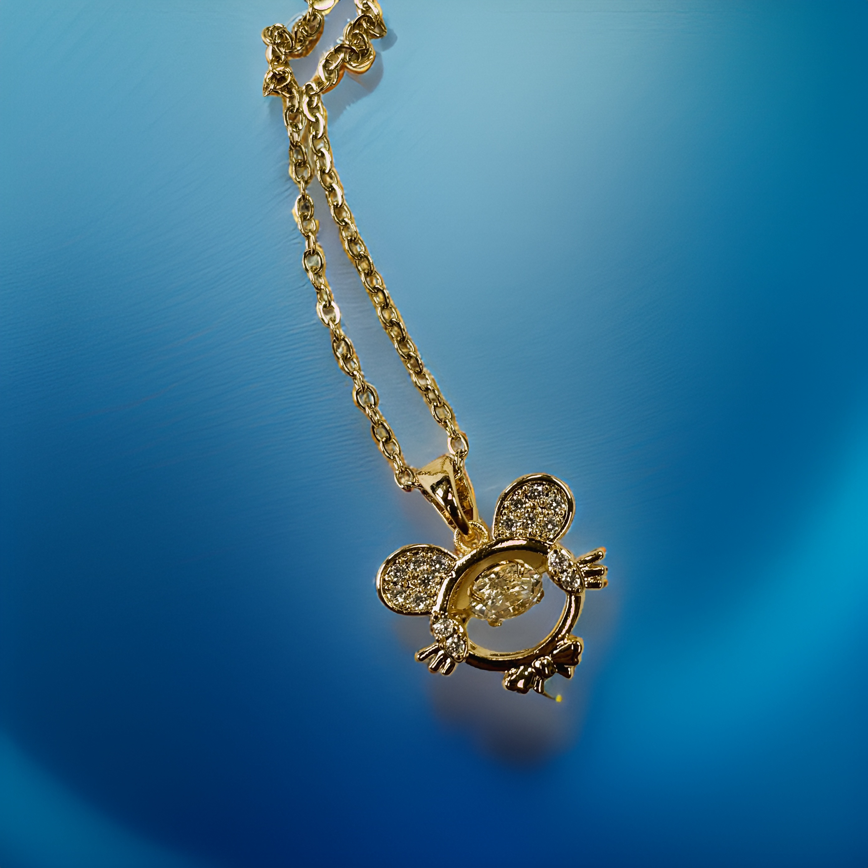 Gold Zircon Mouse Face with Round Cut Floater Pendant Necklace
