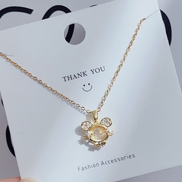 Gold Zircon Mouse Face with Round Cut Floater Pendant Necklace