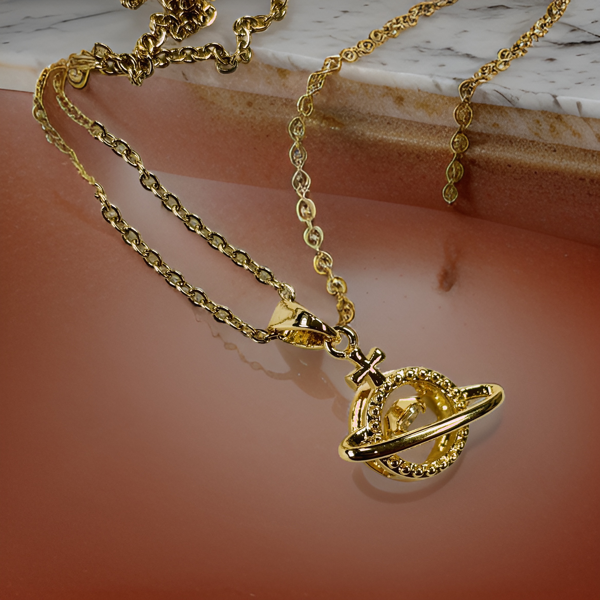 Gold Zircon Round Cut Floater Pendant Necklace