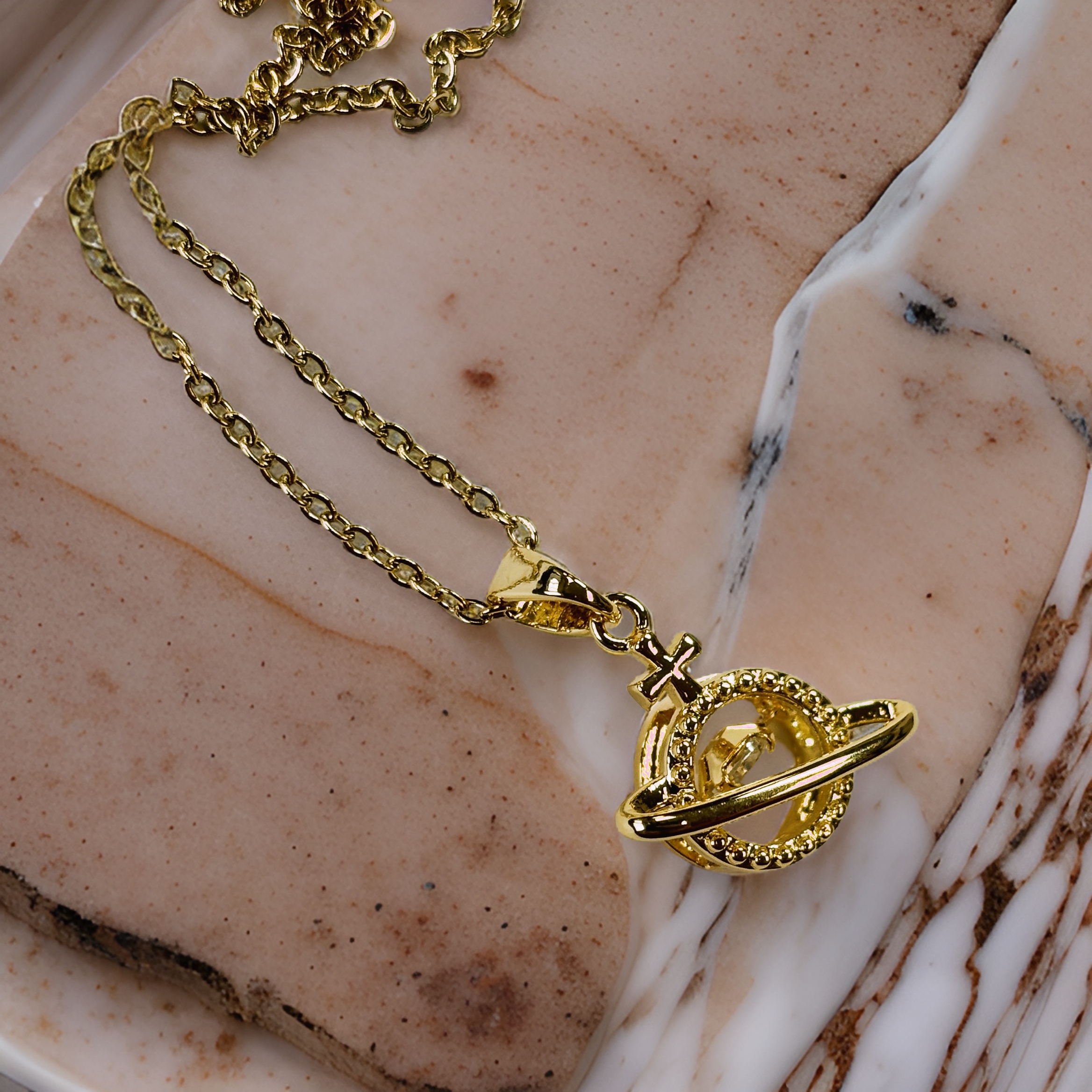 Gold Zircon Round Cut Floater Pendant Necklace