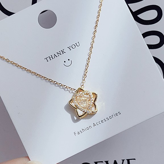 Gold Zircon Star and Heart with Round Cut Zircon Floater Pendant Necklace