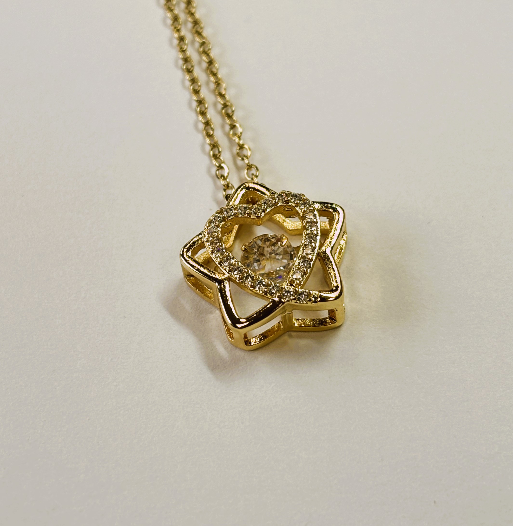 Gold Zircon Star and Heart with Round Cut Zircon Floater Pendant Necklace