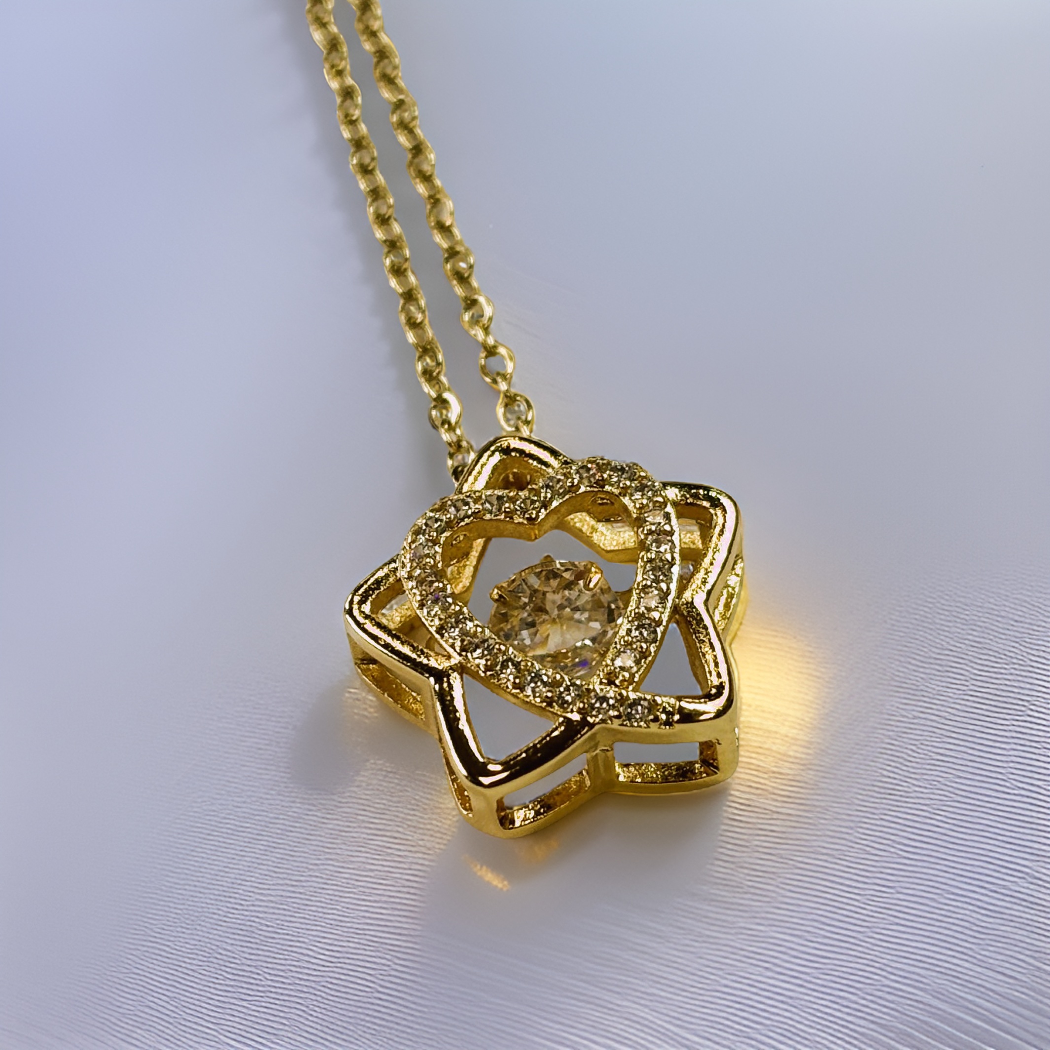 Gold Zircon Star and Heart with Round Cut Zircon Floater Pendant Necklace