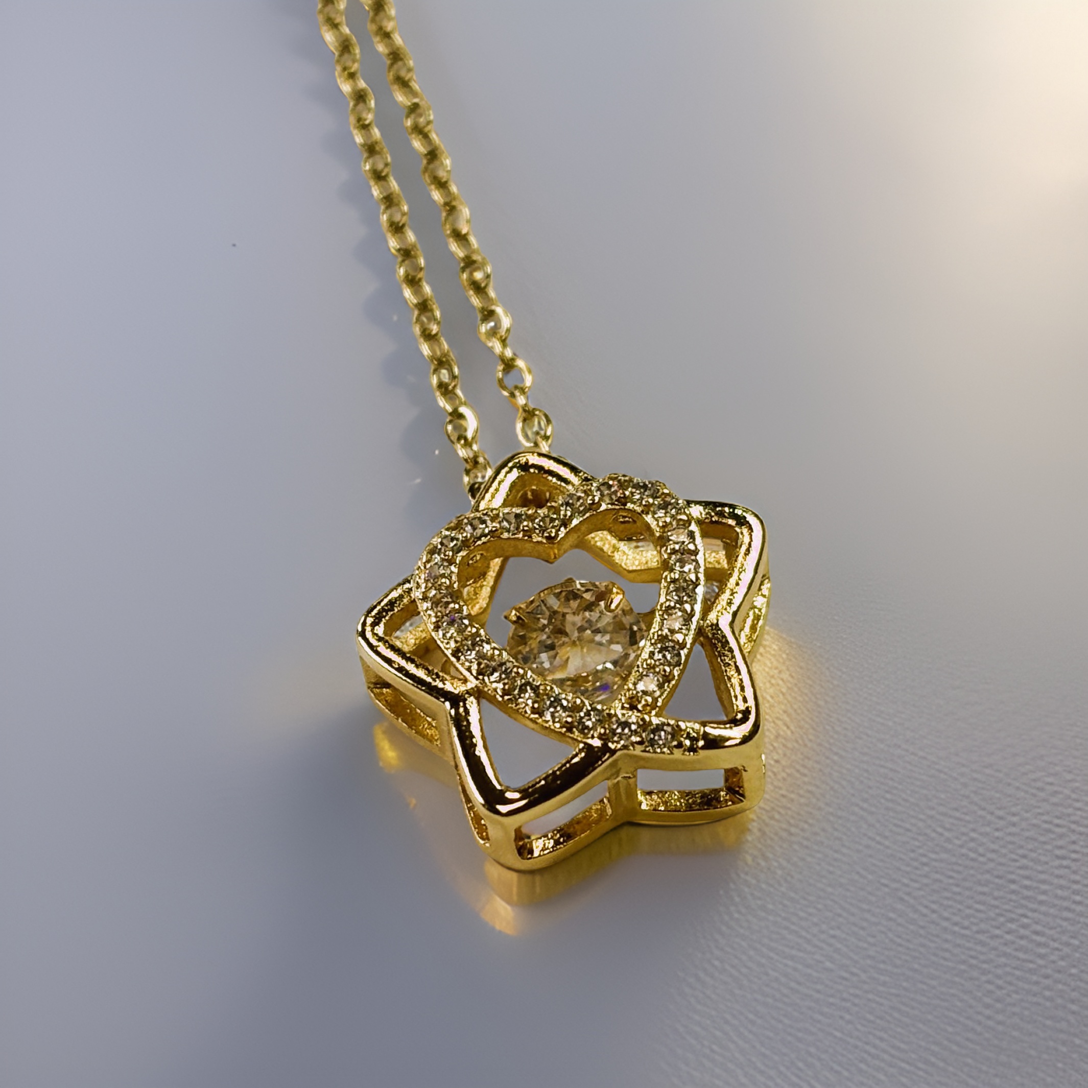 Gold Zircon Star and Heart with Round Cut Zircon Floater Pendant Necklace