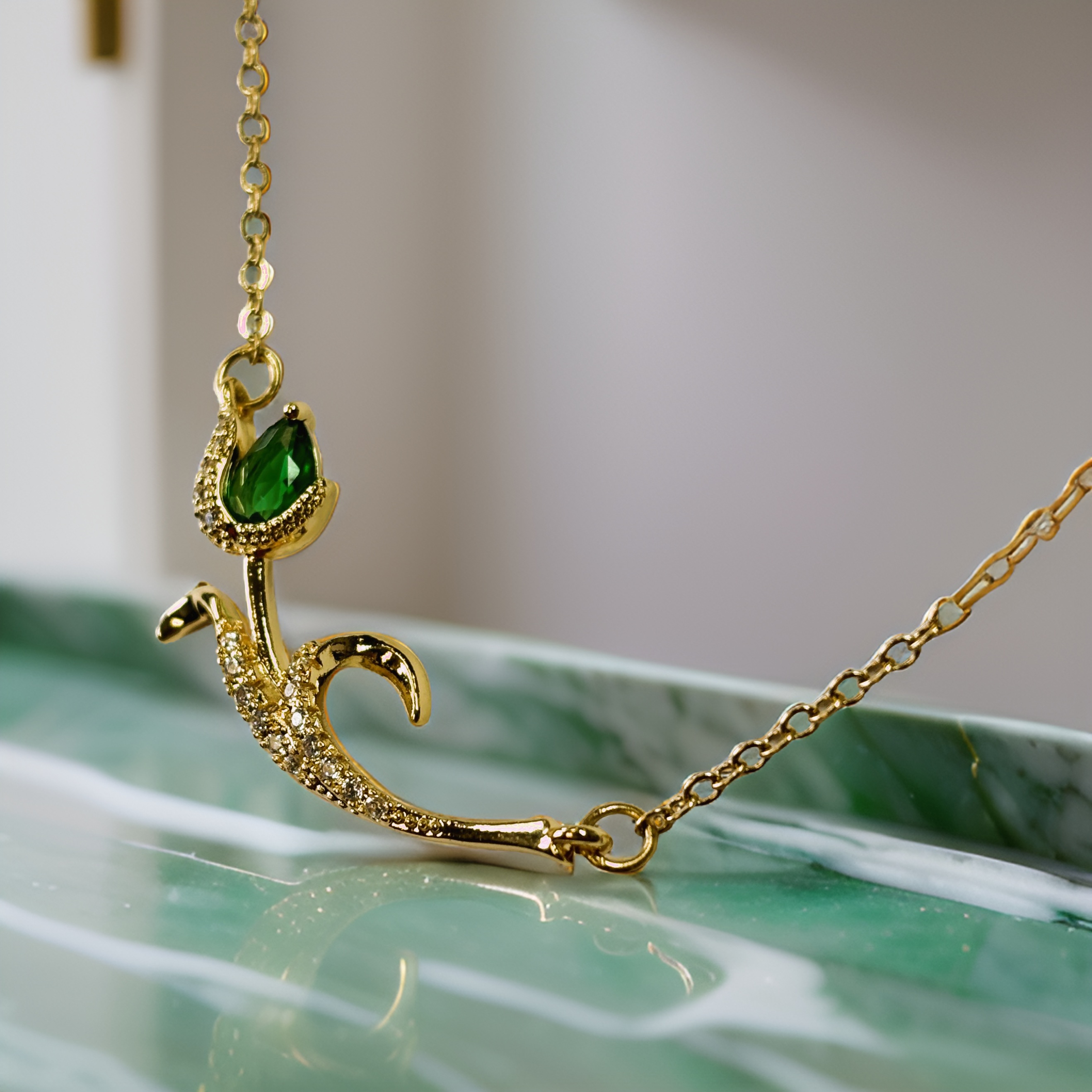 Gold Jade Rose Zircon Pendant Necklace