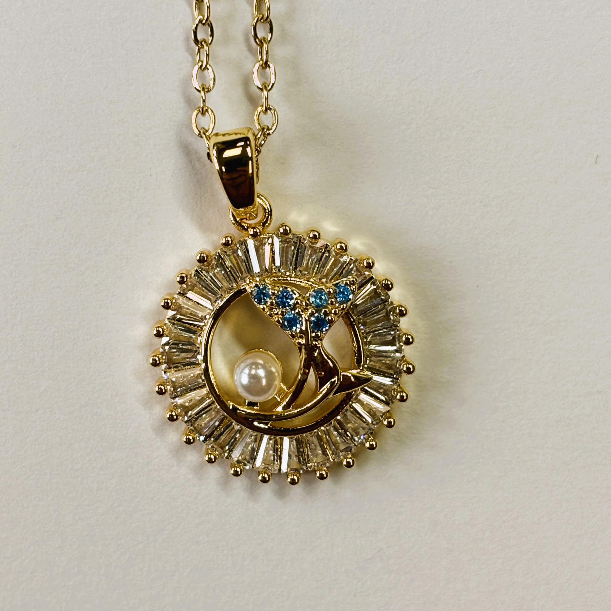 Gold Zircon Whale and Dolphine Fin Pearl Sapphire Pendant Necklace