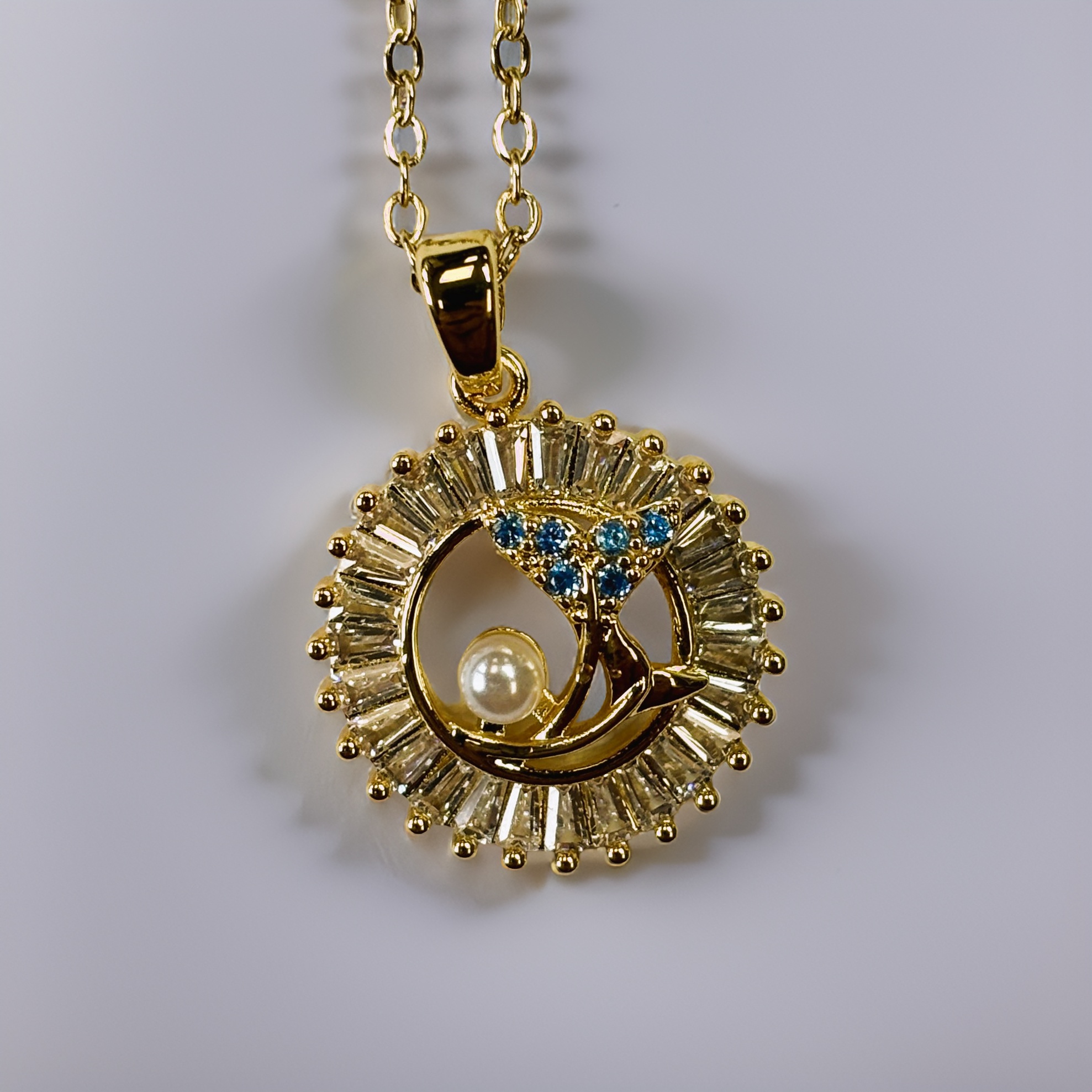 Gold Zircon Whale and Dolphine Fin Pearl Sapphire Pendant Necklace