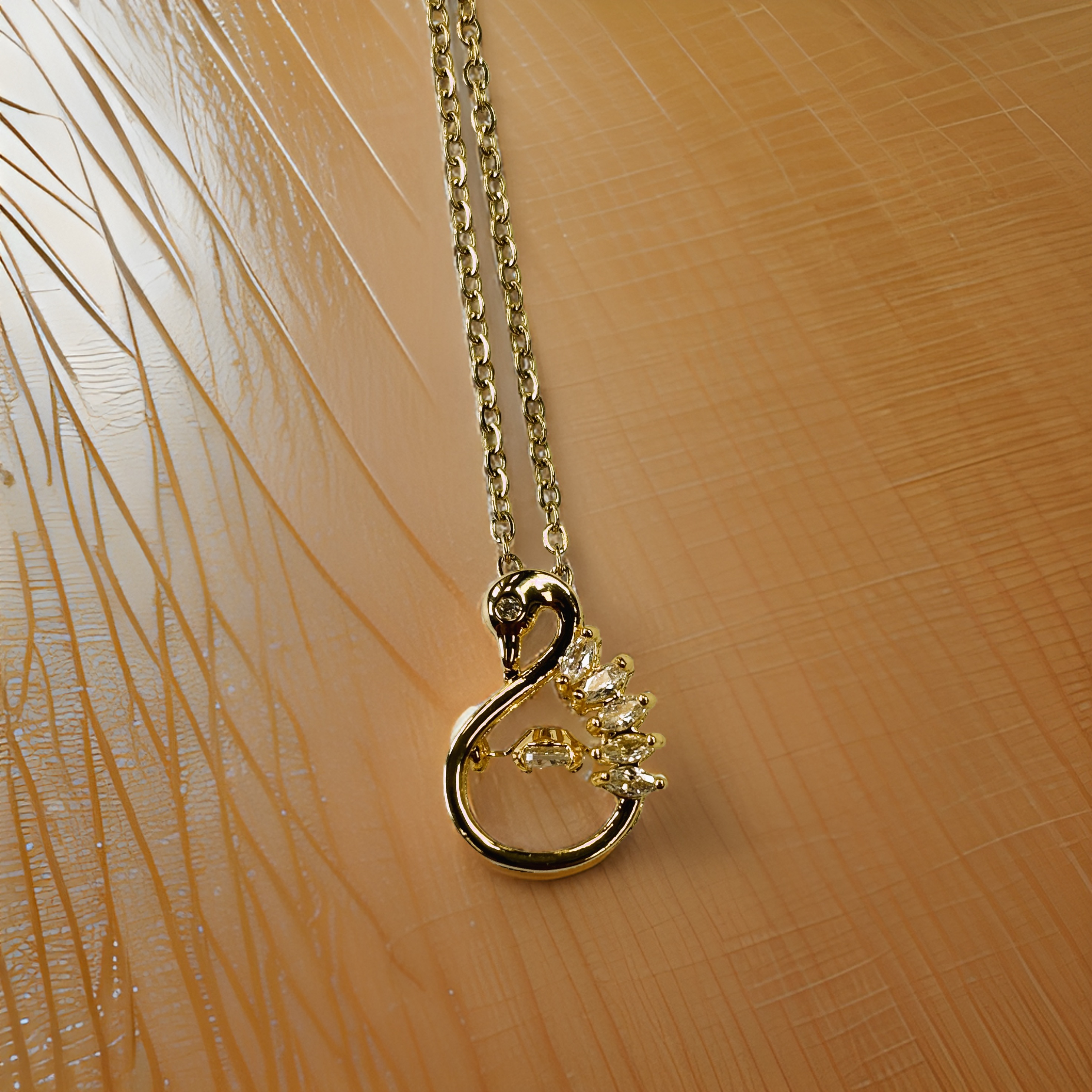 Gold Swan with Round Cut Zircon Floater Pendant Necklace