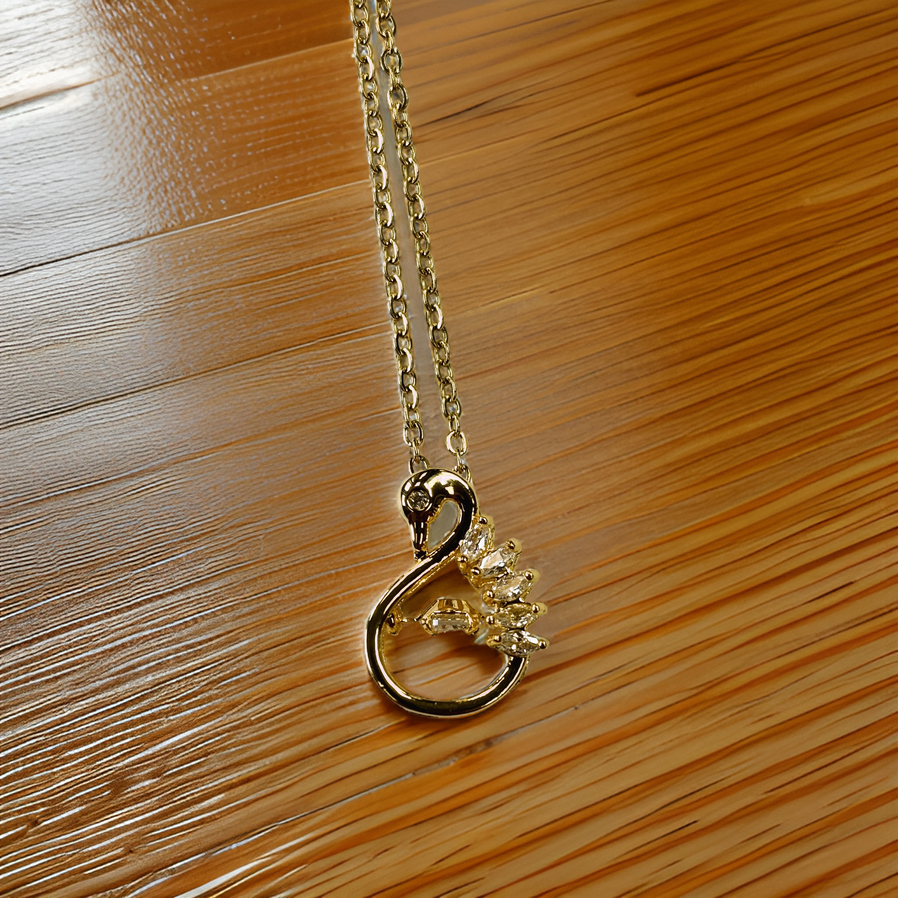 Gold Swan with Round Cut Zircon Floater Pendant Necklace