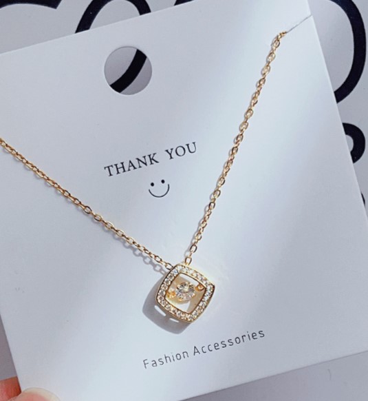Gold Squared with Round Cut Zircon Floater Pendant Necklace
