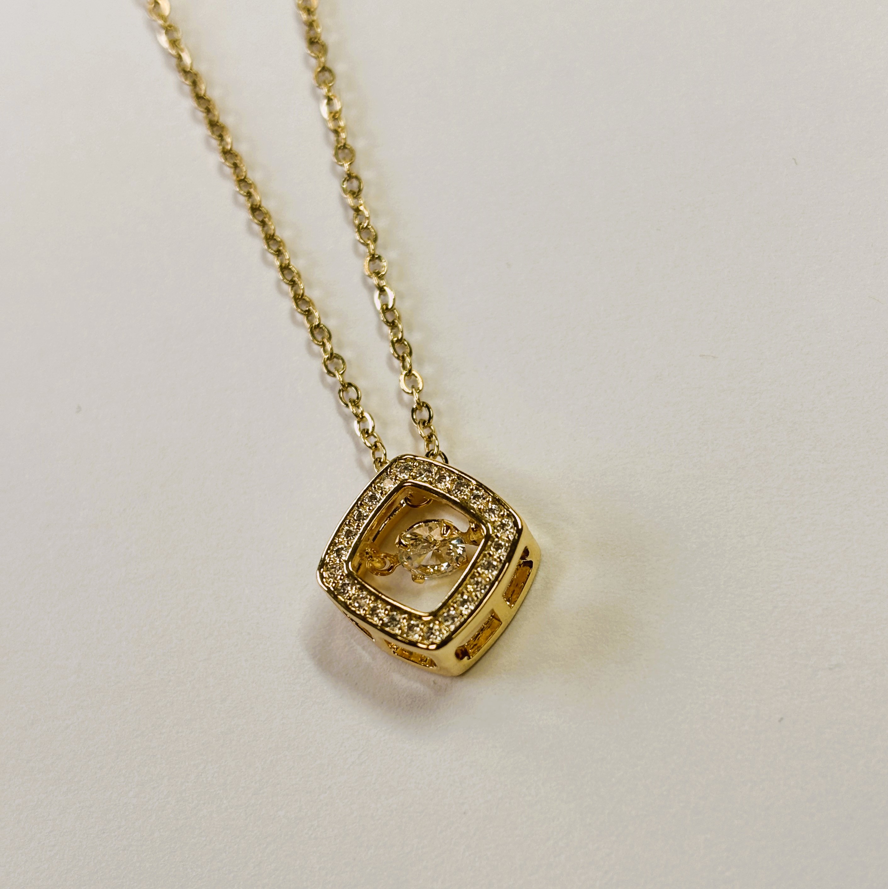 Gold Squared with Round Cut Zircon Floater Pendant Necklace