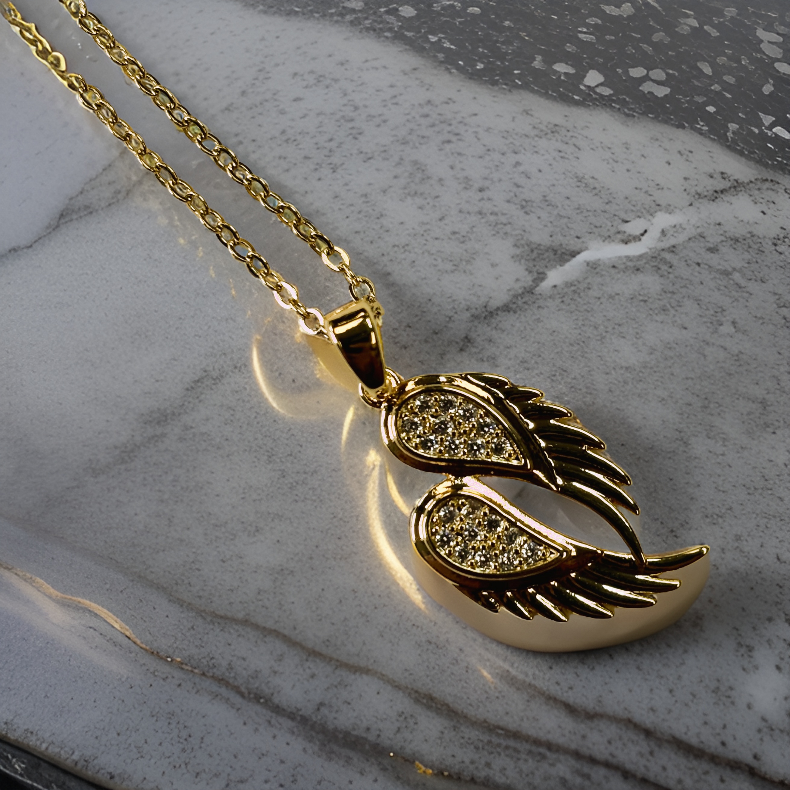 Gold Wings of Angel Zircon Relief Pendant Necklace
