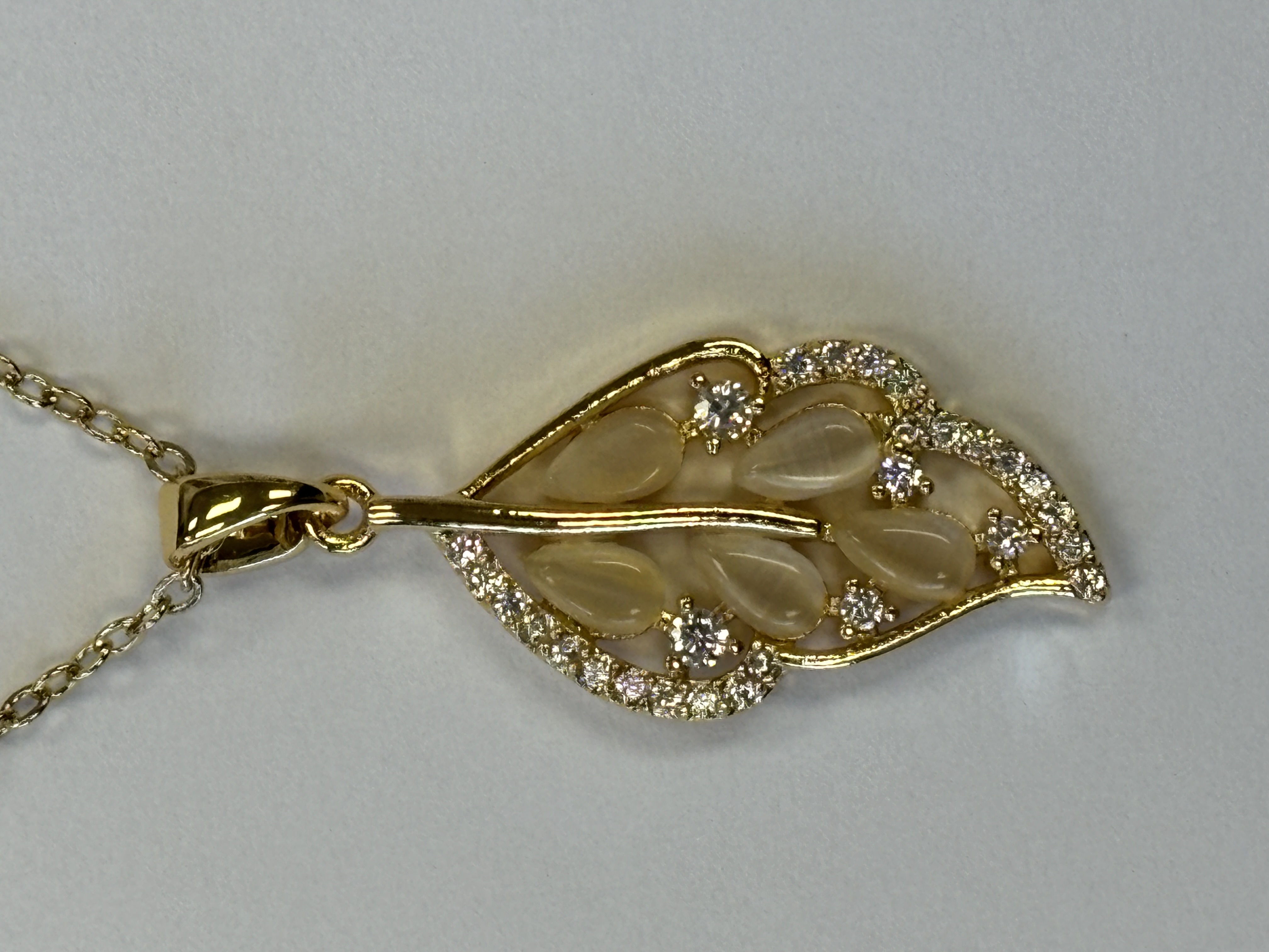 Gold Zircon White Jade Wealth Leaf Pendant Necklace