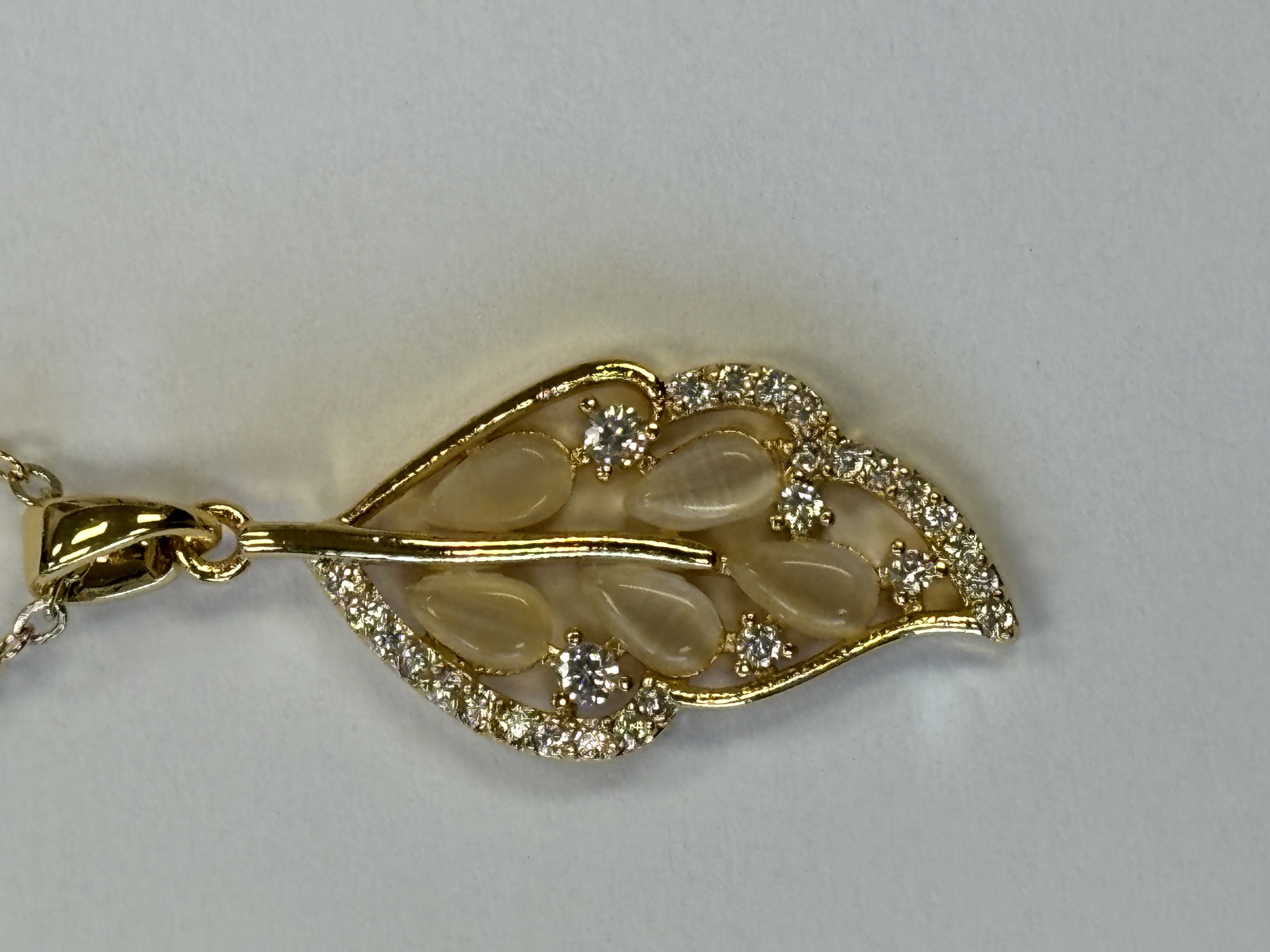 Gold Zircon White Jade Wealth Leaf Pendant Necklace