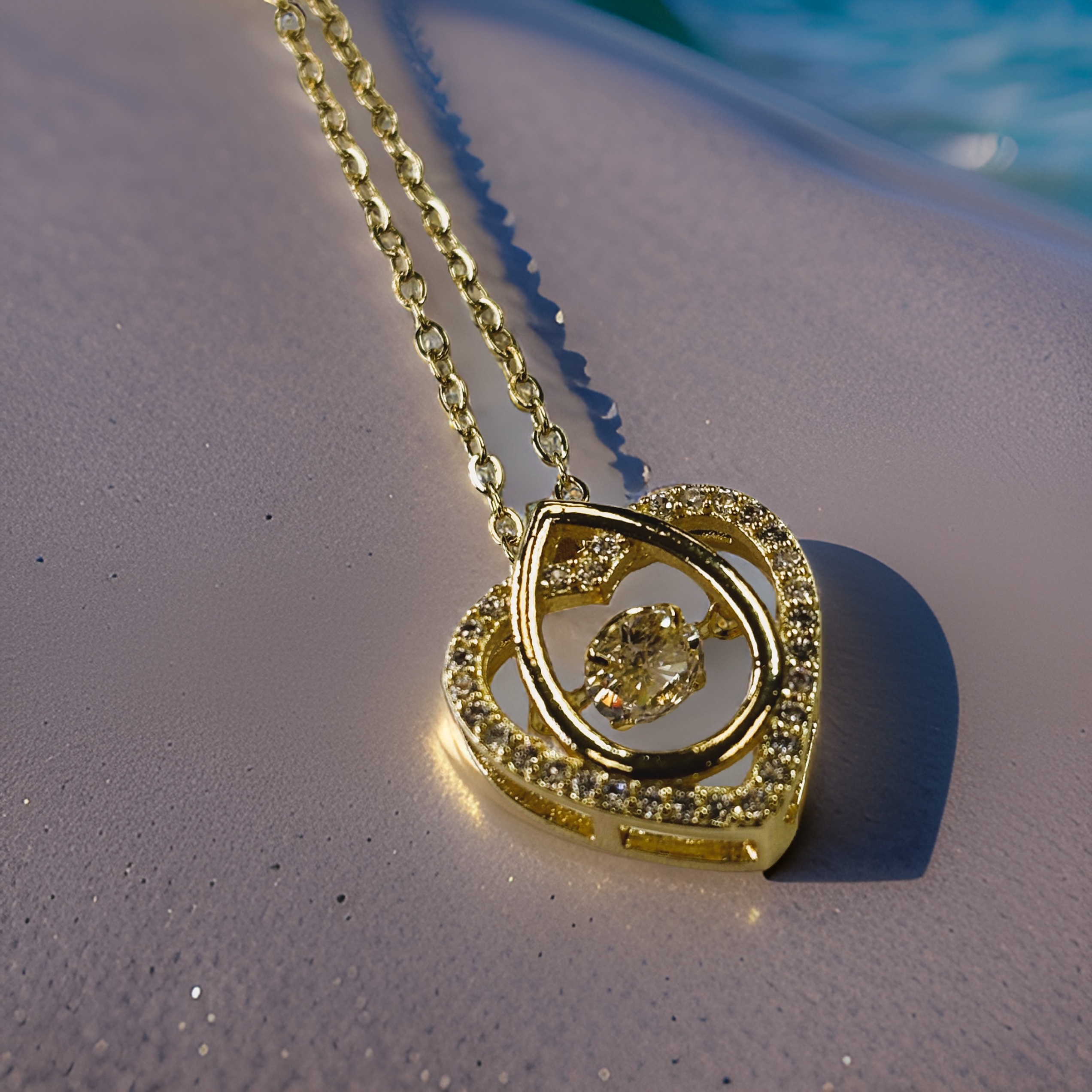 Gold Heart and Waterdrop with Round Cut Zircon Floater Pendant Necklace