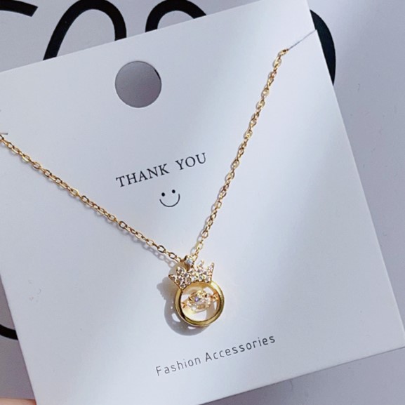 Gold King's Crown with Round Cut Zircon Floater Pendant Necklace