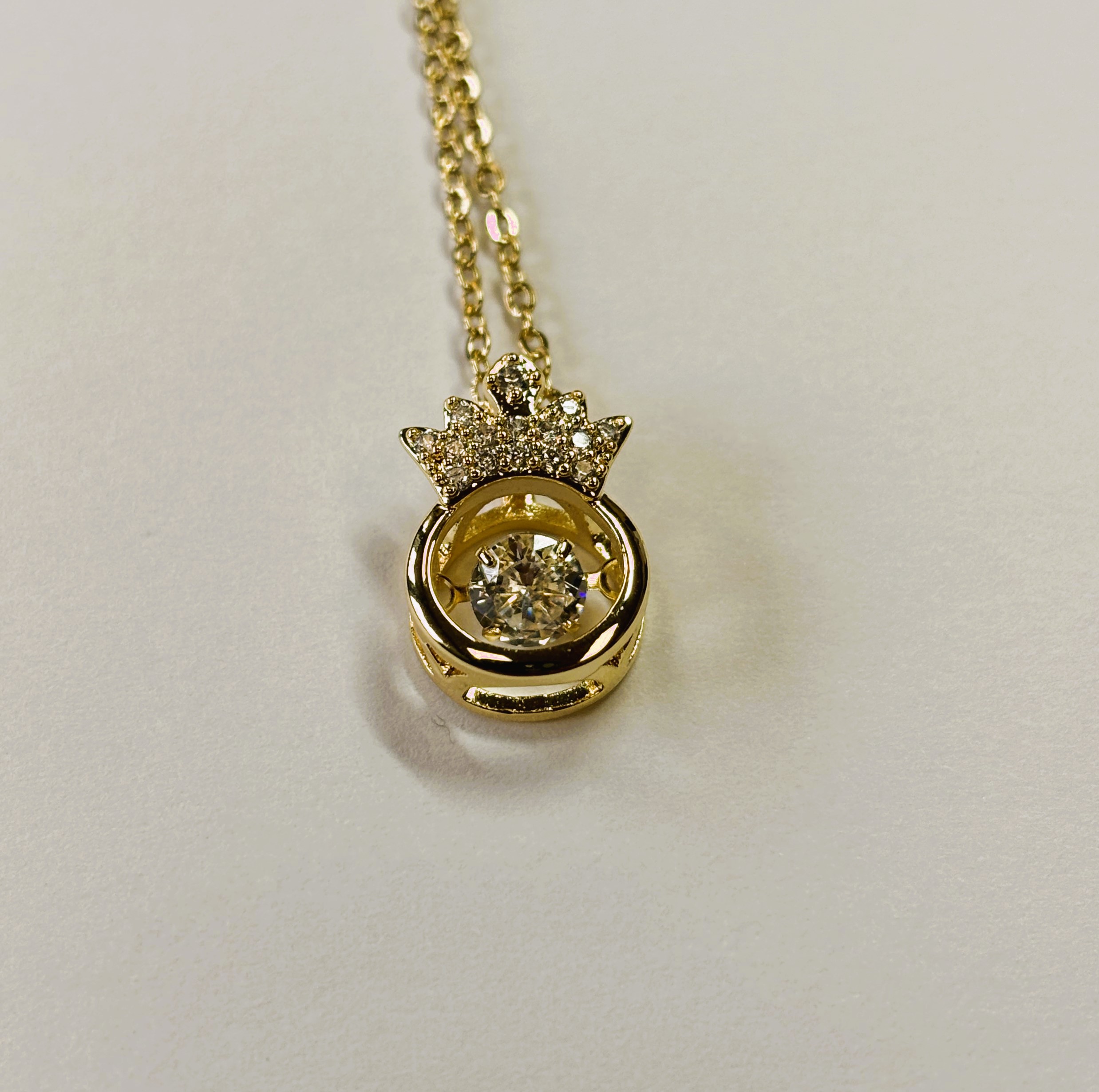 Gold King's Crown with Round Cut Zircon Floater Pendant Necklace