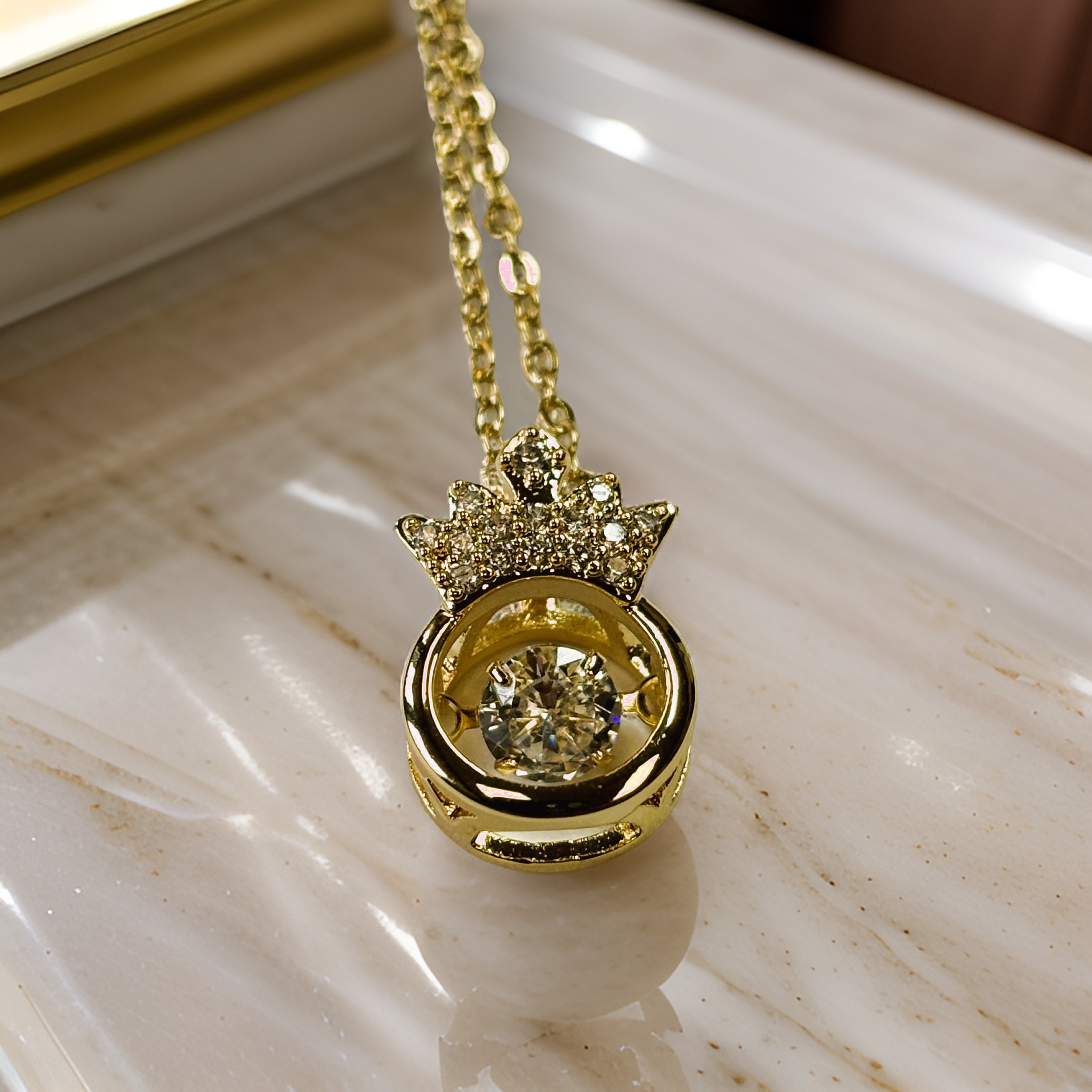 Gold King's Crown with Round Cut Zircon Floater Pendant Necklace