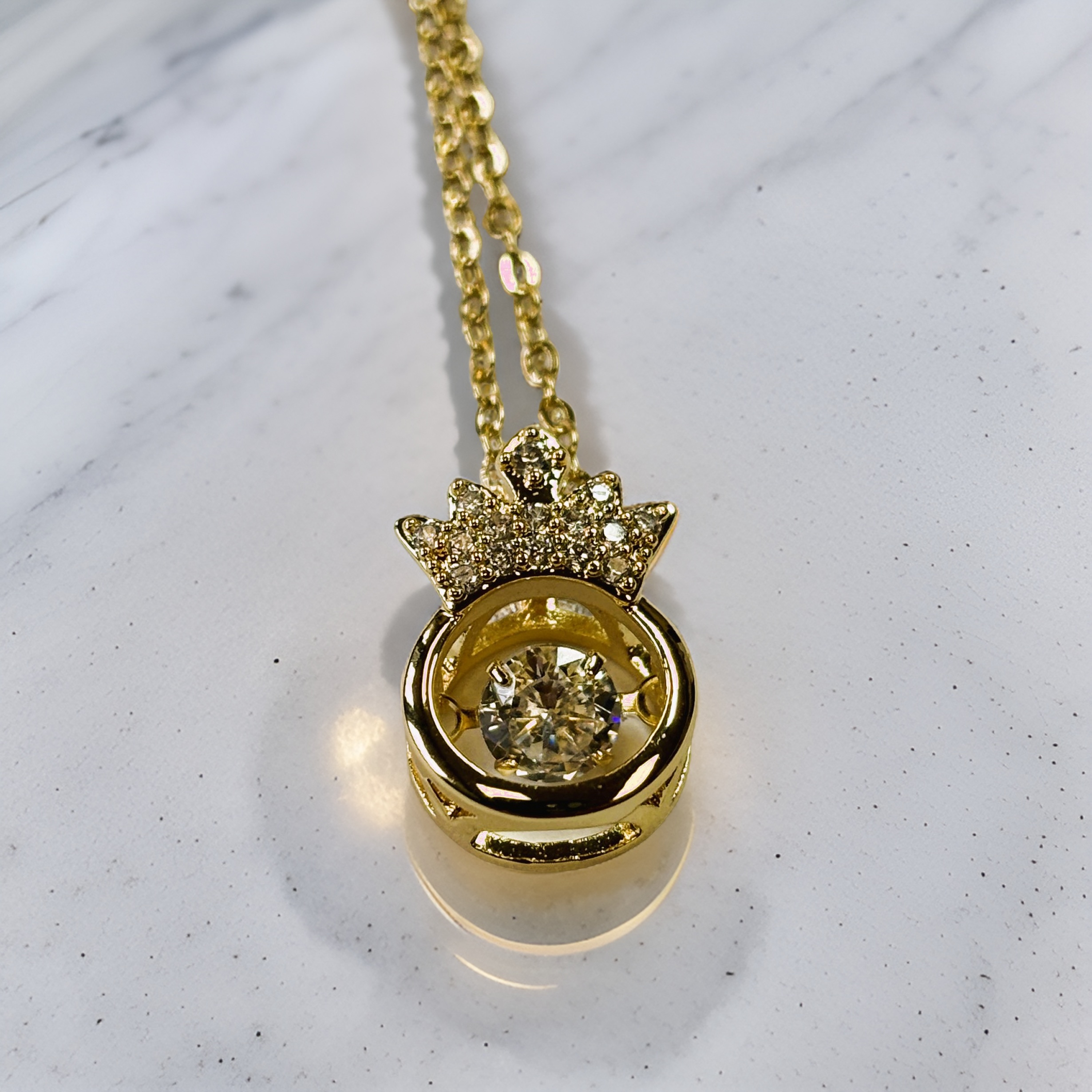 Gold King's Crown with Round Cut Zircon Floater Pendant Necklace