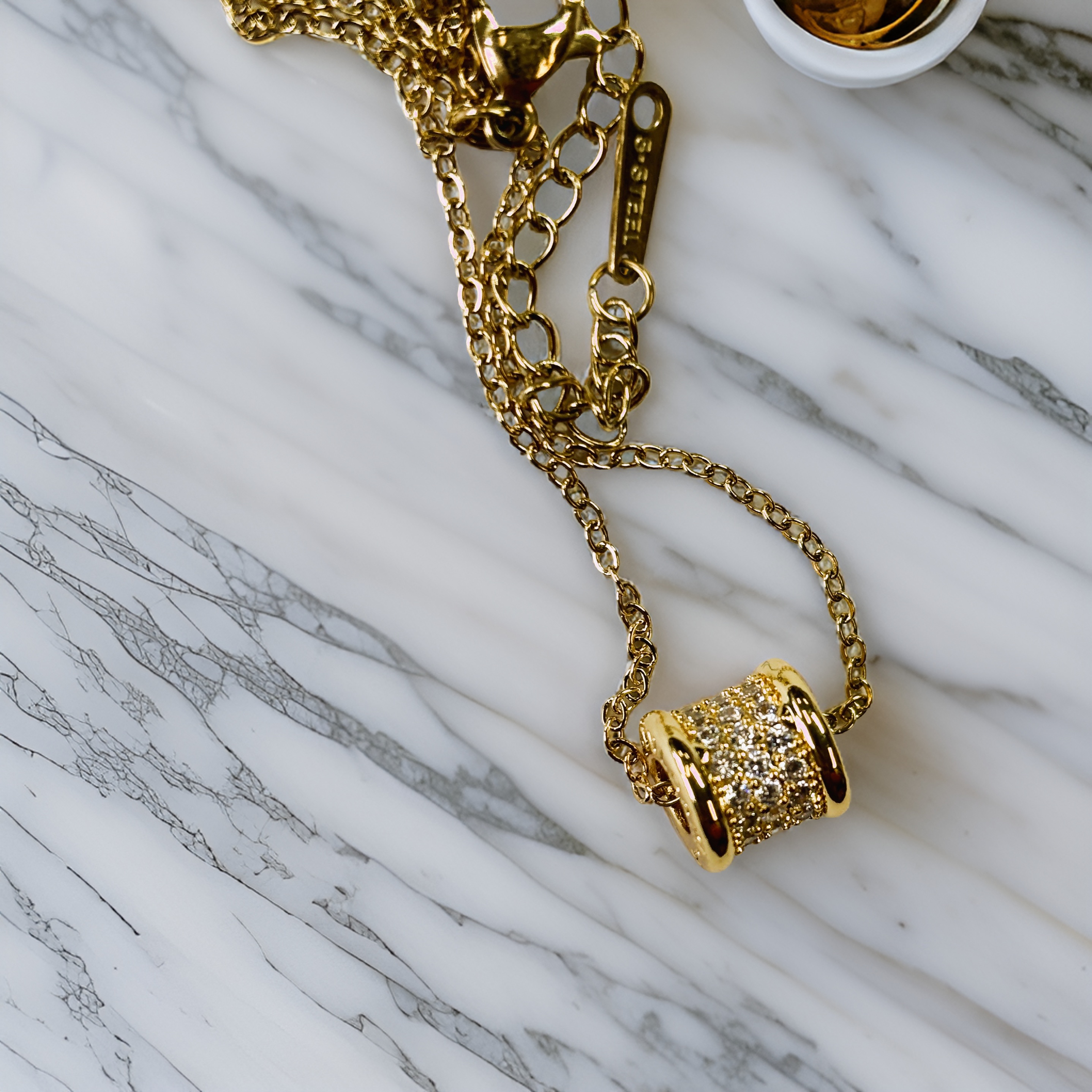 Gold Zircon Roller Pendant Necklace