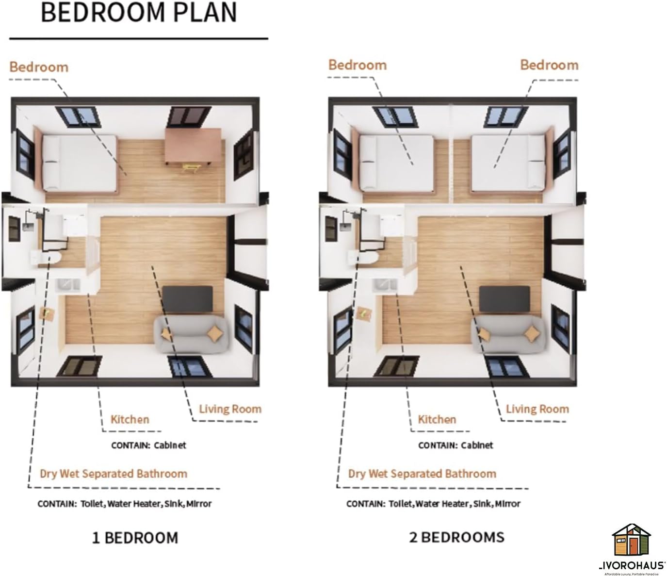 2BHK 388sqft Prefab House, Fully Furnished Container House with 2 Bedrooms, Luxury Bathroom, Kitchen & Living Room, 10-Minute Quick Install Steel Frame Modular House for Couples