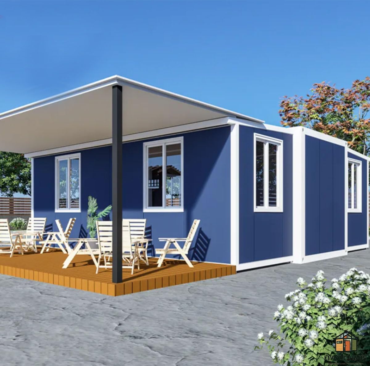 Prefab House 2BHK 388 sq.ft in Blue - Fully Furnished Modular House with Premium Bathroom, Equipped Kitchen & Versatile Living Space, Durable Steel Frame, Weather Resistant, Portable House