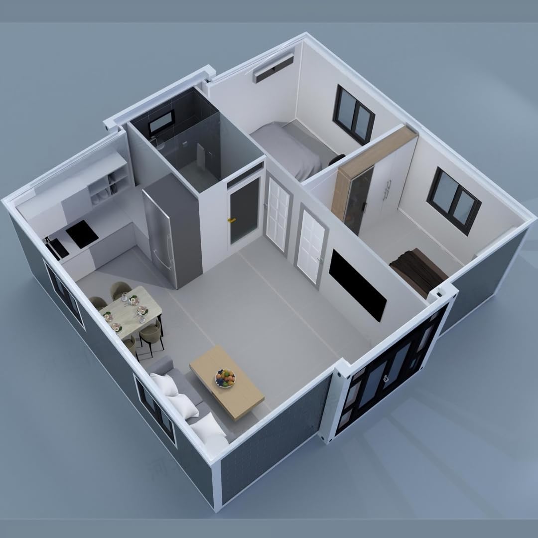Prefabricated Expandable Mobile Container House with Terrace and Sloping roof 2BHK, Fully Furnished Modular House with Premium Bathroom, Equipped Kitchen, Steel Frame, Weather Resistant, Portable House, Electric Floor Heating, Anti-Theft Door