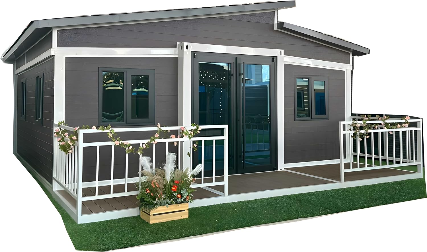 Prefabricated Expandable Mobile Container House with Terrace and Sloping roof 2BHK, Fully Furnished Modular House with Premium Bathroom, Equipped Kitchen, Steel Frame, Weather Resistant, Portable House, Electric Floor Heating, Anti-Theft Door