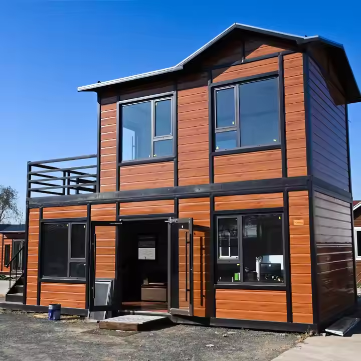 2 - Storey, 2 - Bedroom Prefab Villa Tiny House with Rooftop Terrace, Rustic - Look Exterior, Energy - Efficient Windows, Kitchen -  Bathroom - Ideal for Modern Family Living