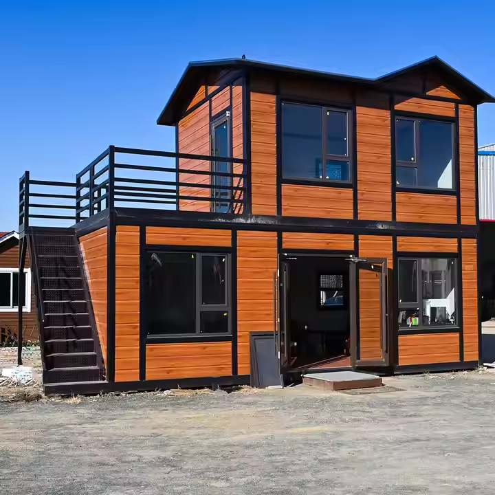 2 - Storey, 2 - Bedroom Prefab Villa Tiny House with Rooftop Terrace, Rustic - Look Exterior, Energy - Efficient Windows, Kitchen -  Bathroom - Ideal for Modern Family Living