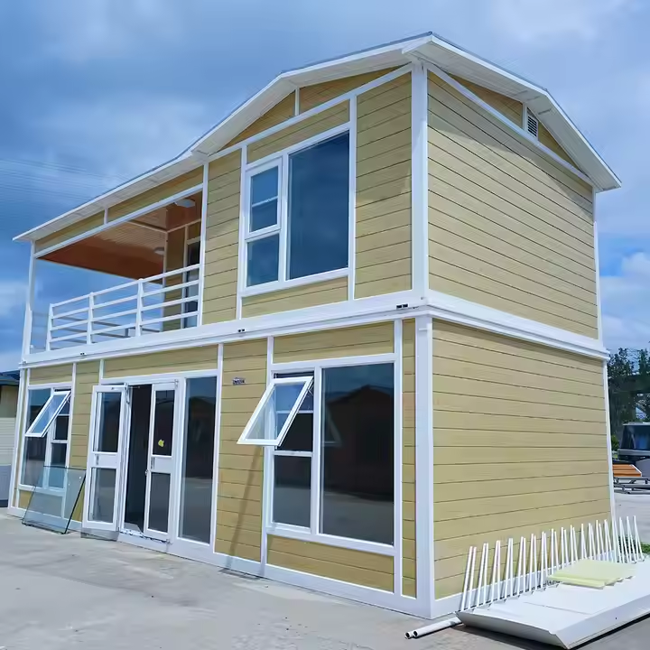 2 - Storey 3 - Bedroom Affordable, Fully - Furnished Prefab Villa Tiny House with Balcony | Yellow Exterior, Modern Windows & Sustainable Design Affordable Luxury Portable Home for Cost - Saving Living