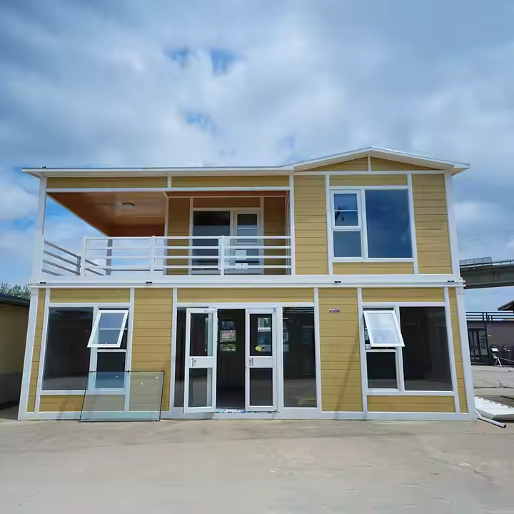 2 - Storey 3 - Bedroom Affordable, Fully - Furnished Prefab Villa Tiny House with Balcony | Yellow Exterior, Modern Windows & Sustainable Design Affordable Luxury Portable Home for Cost - Saving Living