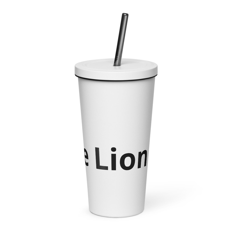 Rose Lion Icon Insulated Travel Tumbler – White with Black Branding & Reusable Straw