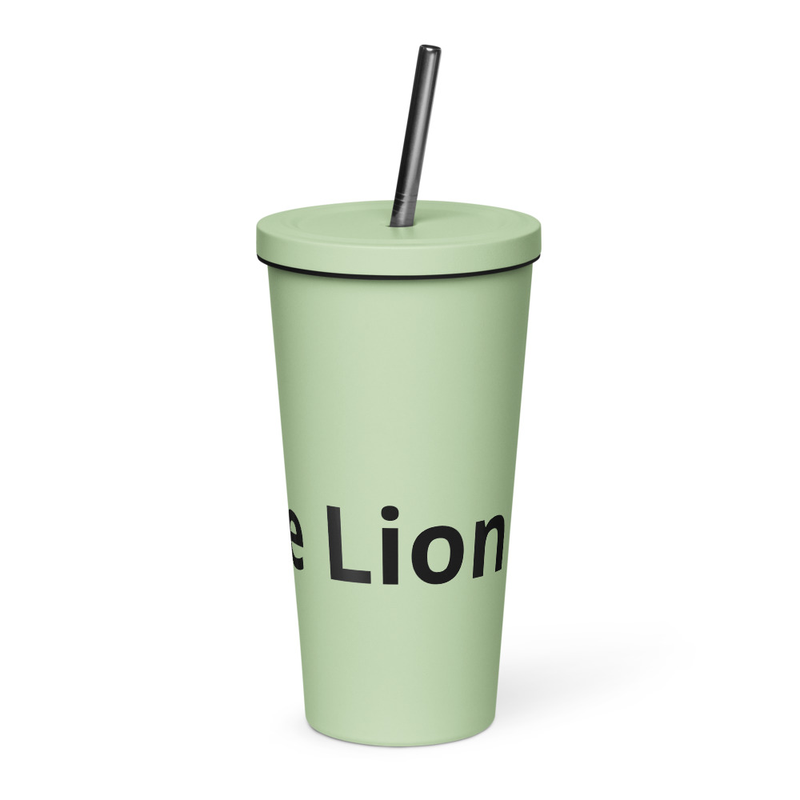 Rose Lion Icon Insulated Travel Tumbler – White with Black Branding & Reusable Straw