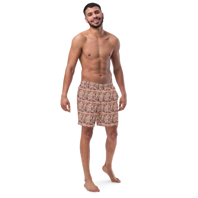 Rose Lion All-Over Print Recycled Men’s Swim Trunks | Geometric Rose Gold Crown Beachwear