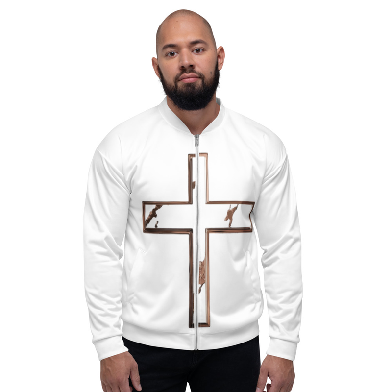 Rose Lion Unisex Bomber Jacket – Cross Front & Matthew 17:20 Scripture Back